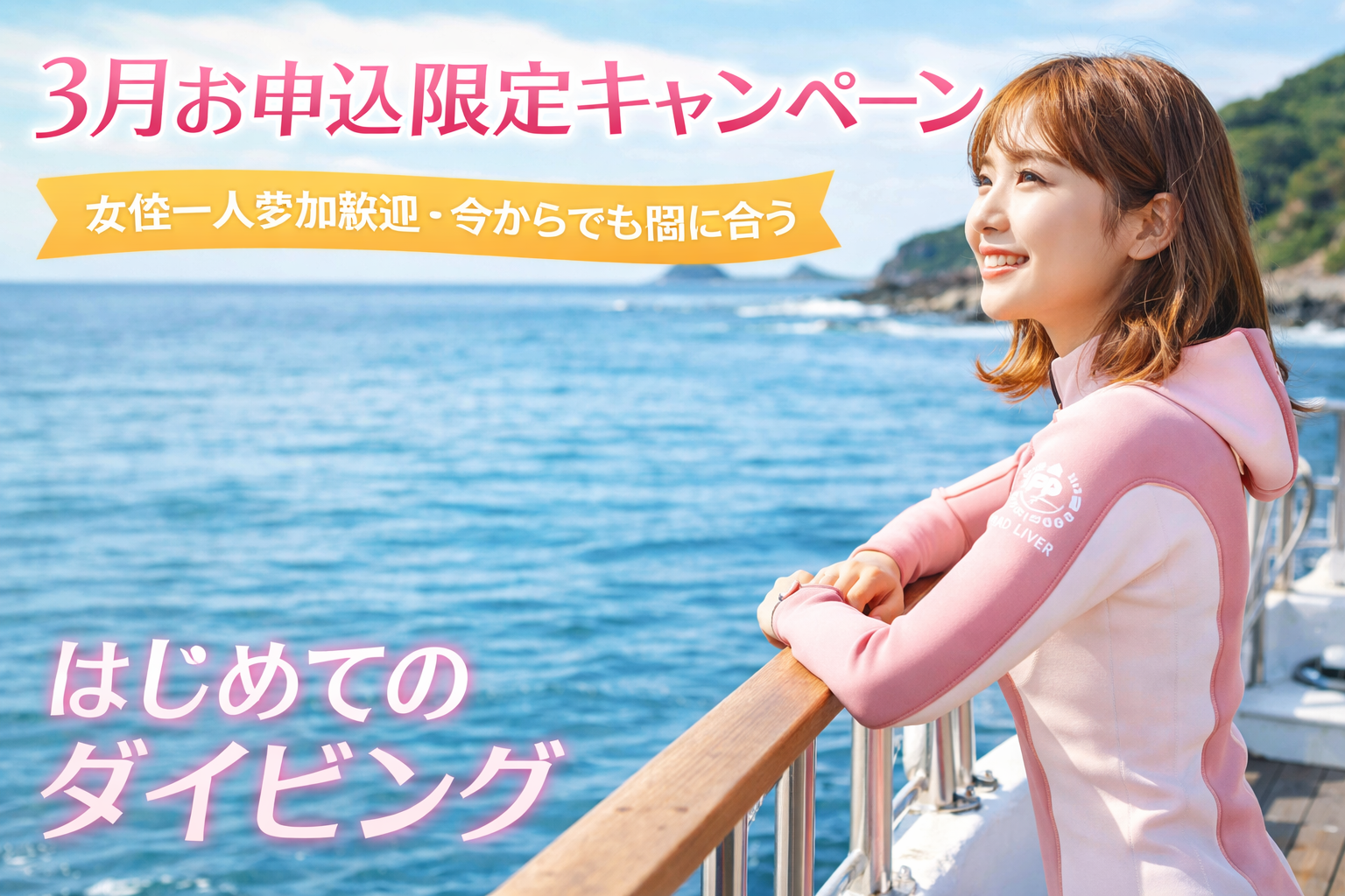 東京発・女性一人参加が多いPADIオープンウォーターダイバー講習のイメージ(海・ボート・女性ダイバー)