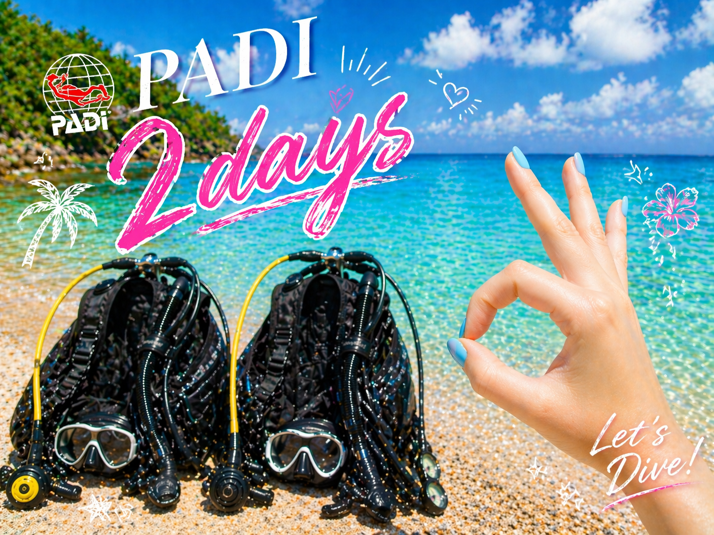 「南国のビーチに並べたダイビング器材と、水色ネイルの女性のOKサイン、PADIとピンクの“2days”が入った講習イメージ」
