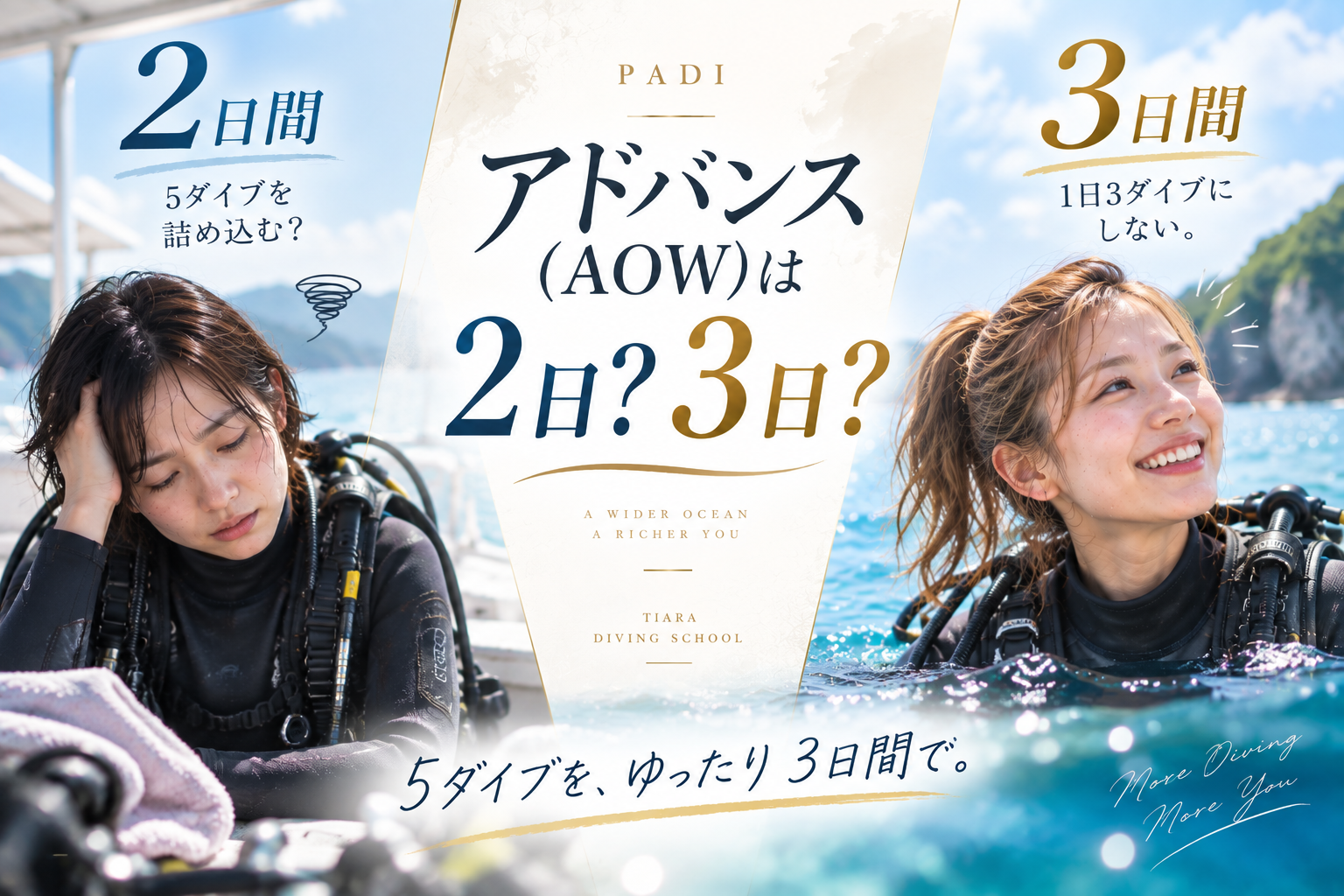 「PADIアドバンス（AOW）は2日？3日？1日3ダイブにせず、5ダイブをゆったり3日間で学ぶTiaraのAOW講習」