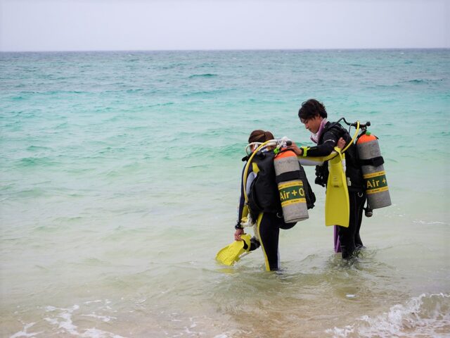女性ダイバーが初心者向けダイビング講習で海に入る準備をする様子