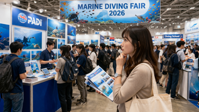 マリンダイビングフェア2026で資料を見ながらダイビングショップ選びに迷う女性