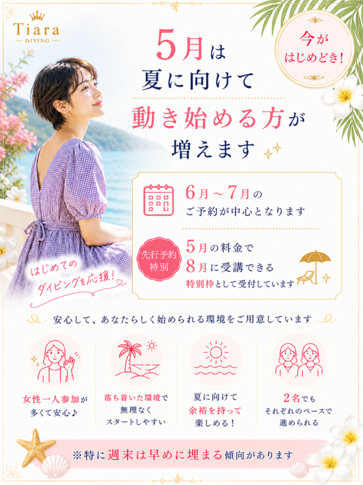 5月申込キャンペーンの案内ビジュアル。6〜7月を中心に講習日程を案内し、8月は先行特別枠として受付しているダイビングライセンス講習。少人数制で女性一人でも参加しやすく、宿泊は一人部屋や海が見える和室環境を用意していることを伝える画像。