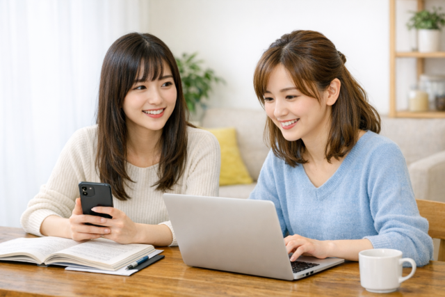 マリンダイビングフェア2026後にダイビングショップを比較し最終判断する女性2人のイメージ