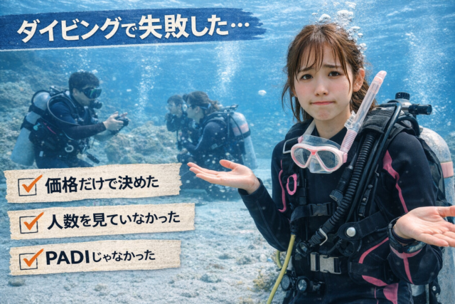 ダイビングで失敗した理由を考える女性ダイバー(価格・人数・PADIではなかった)