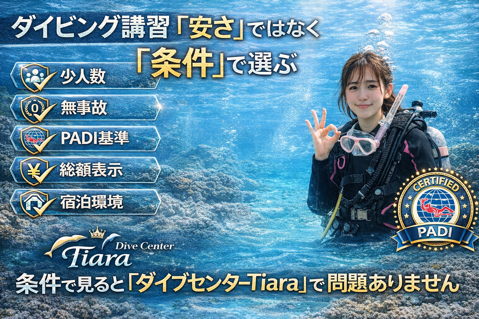 ダイビング講習は安さではなく条件で選ぶ 少人数 無事故 PADI基準 総額表示 宿泊環境 送迎が揃った安心できるダイビングスクールのイメージ