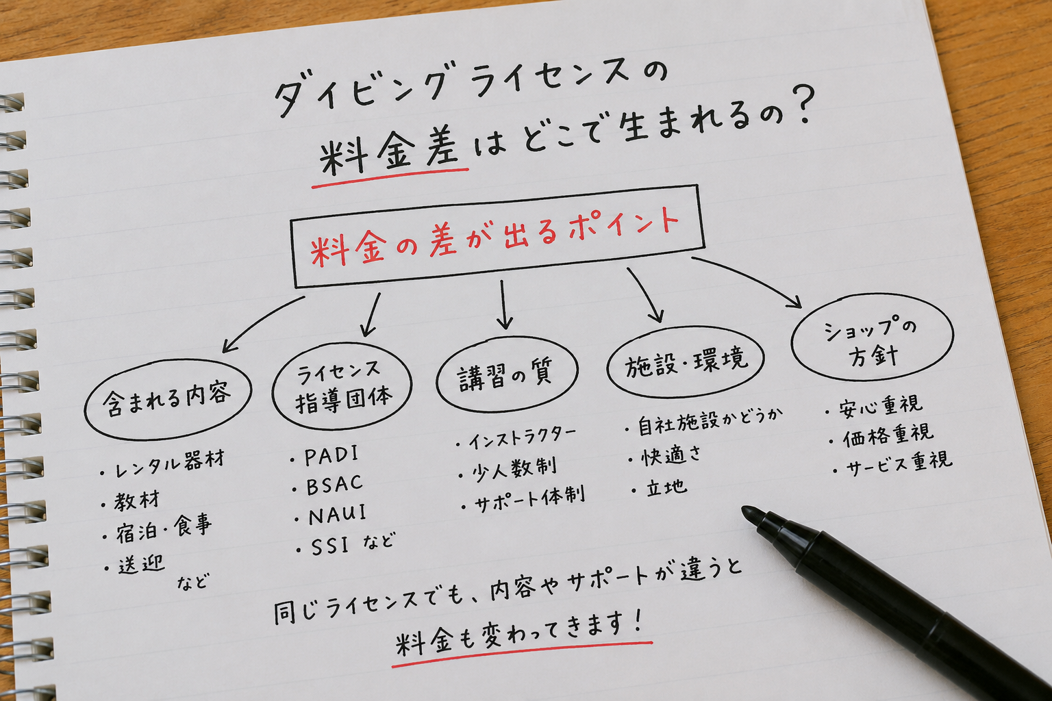 「ダイビングライセンス講習の料金差が生まれる理由を手書きの図で解説したイメージ画像。レンタル器材、PADIなどの指導団体、講習内容、施設環境、サポート体制による違いを紹介」
