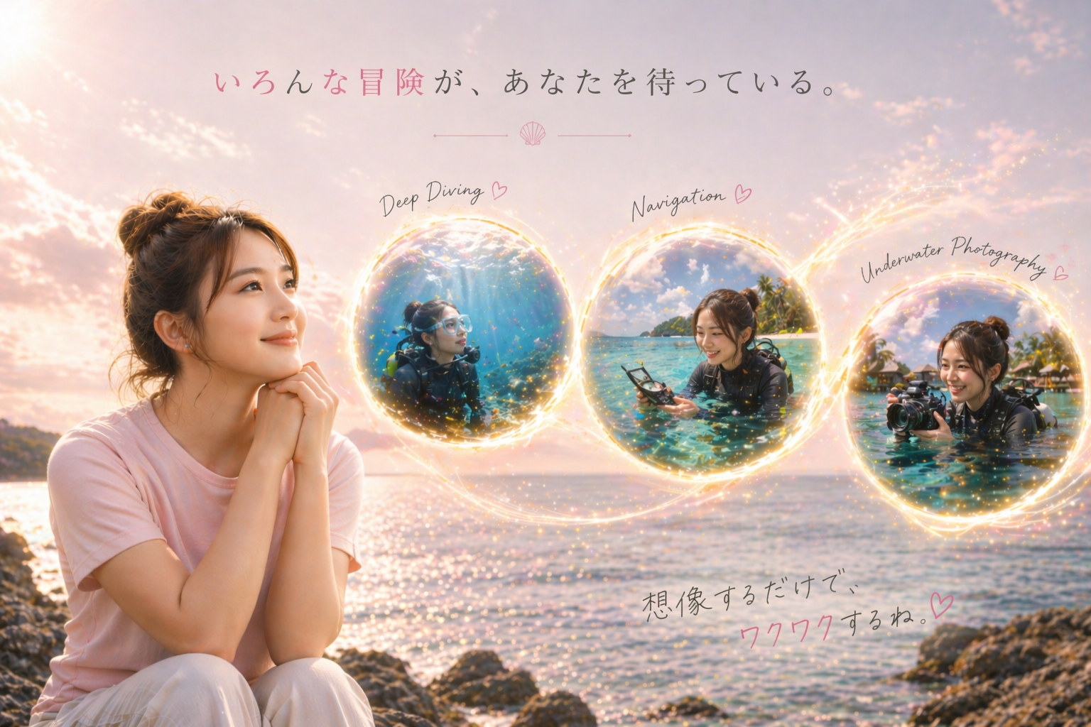 PADIスペシャルティダイバーコースの講習イメージ。海辺で女性がディープ・ナビゲーション・水中フォトなどのSPダイビングを想像し、リゾート感ある水中体験を表現した画像。