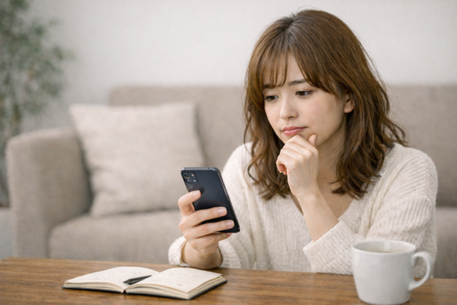 マリンダイビングフェア2026後にダイビングショップをスマホで比較し判断に迷う女性のイメージ