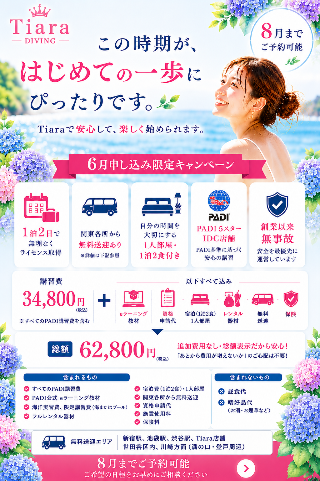 6月申込限定キャンペーンを案内するTiaraのダイビング講習画像。紫陽花と初夏の海を背景に、女性一人でも安心して始めやすい少人数制のPADIライセンス講習を表現。1泊2日・総額表示・都内各地から送迎あり・1人部屋1泊2食付き・PADI 5スターIDC店舗・創業以来無事故の安心感を伝える、東京発の初心者向けダイビングスクールビジュアル。