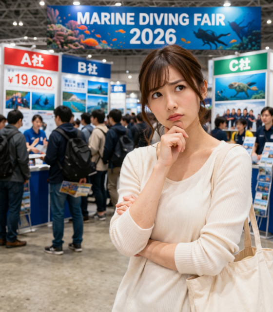 マリンダイビングフェア2026でダイビングショップ選びに迷う女性(ライセンス比較)