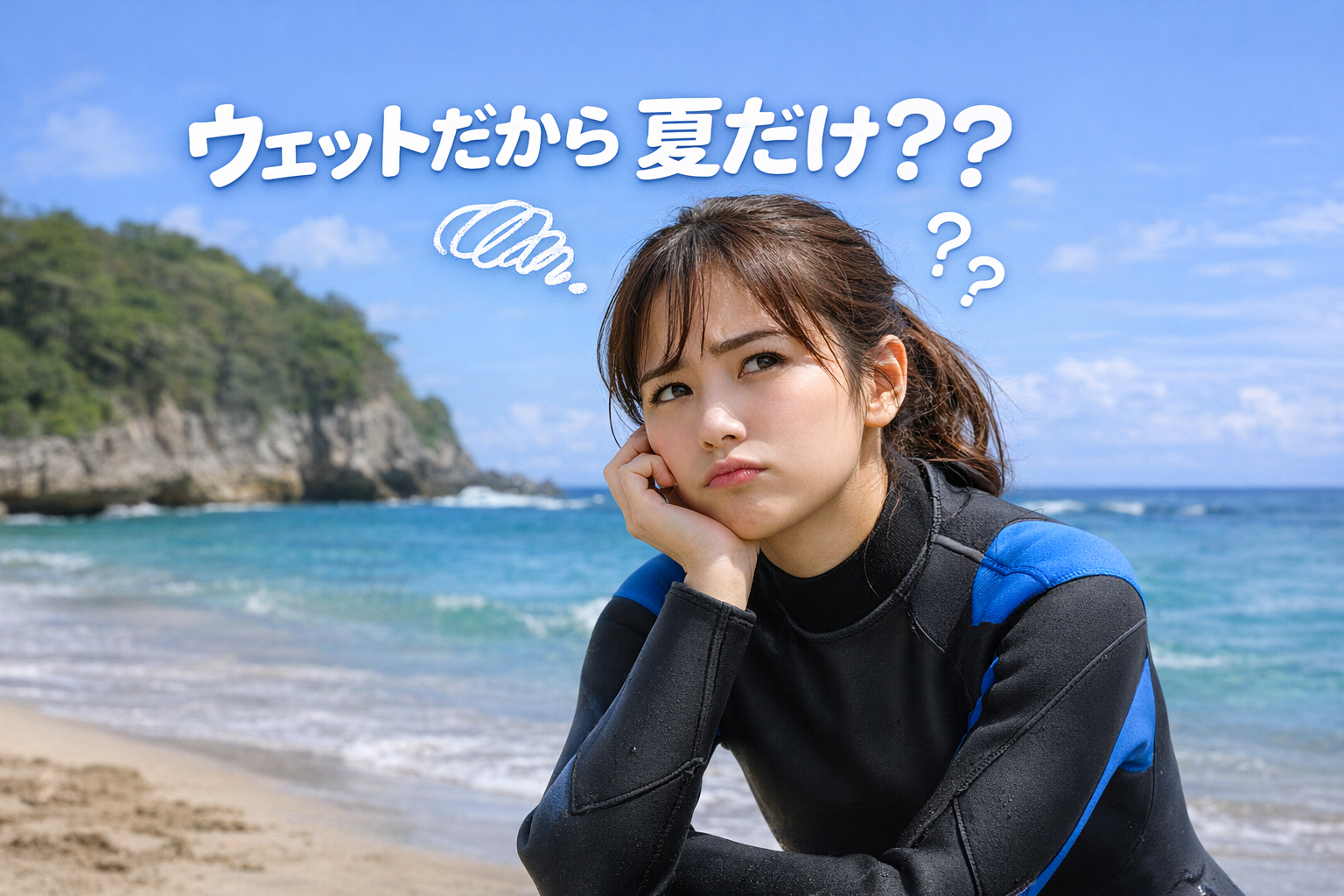 ウェットスーツで夏だけ潜ることに疑問を感じる女性ダイバーが海辺で悩んでいる様子