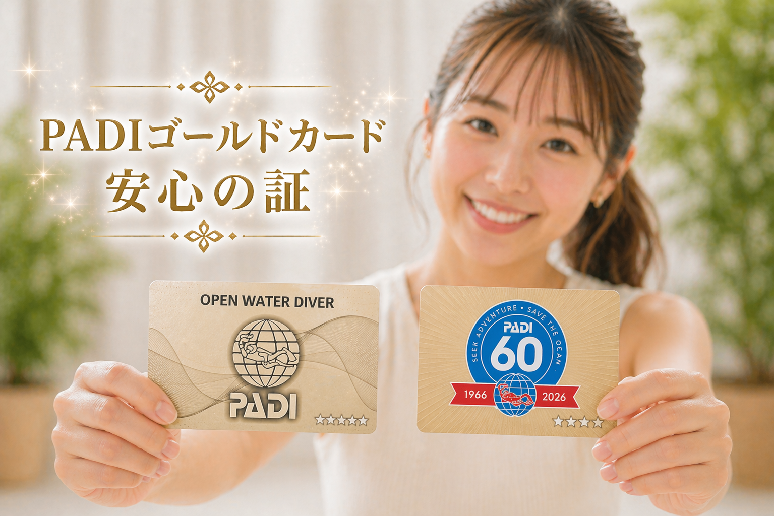 東京都から通えるダイビング講習で取得できるPADIオープンウォーターダイバーのゴールドカードを手前に見せる20代女性。ポニーテールでノースリーブの夏らしい服装、やわらかい室内光の中で安心感のある笑顔。カードは同サイズで強調され、初心者・女性一人でも安心して参加できるダイビングライセンス講習のイメージ。少人数制・1泊2日・総額料金で追加費用なしの講習環境を表現したイメージ画像。
