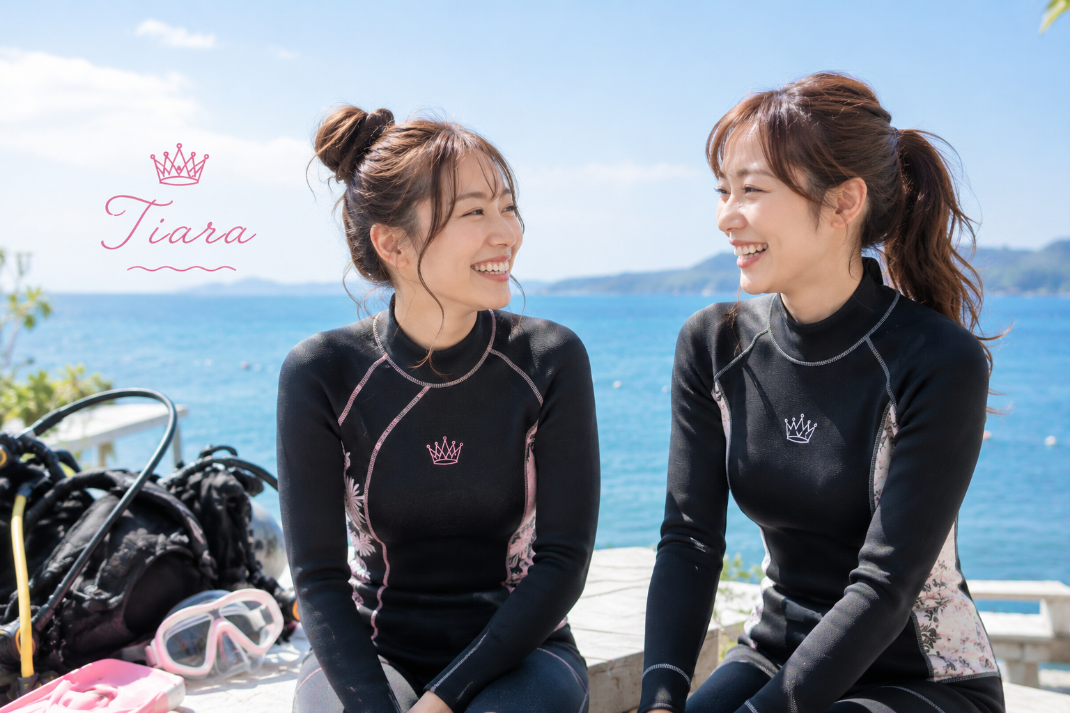 ライセンス取得後もダイビングを楽しむ女性ダイバー。PADIダイビングショップTiaraの初心者向けファンダイビングイメージ