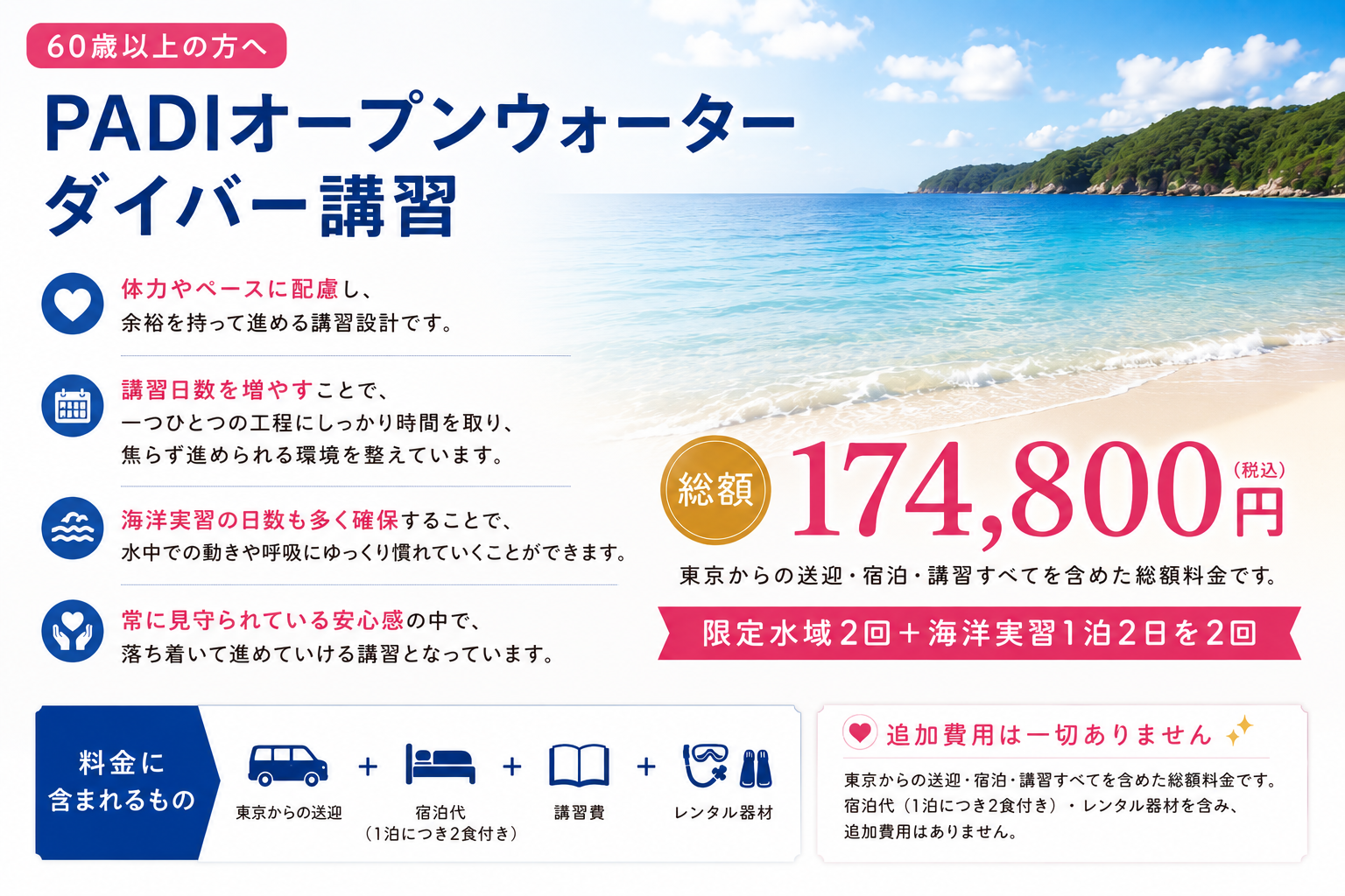60歳以上の方向けに、体力やペースに配慮したPADIオープンウォーターダイバー講習を案内するTiaraのイメージ画像。限定水域2回と海洋実習1泊2日を2回に分けた安心設計や、総額174,800円（税込）の追加費用なしプランを分かりやすく紹介したダイビング講習デザイン。