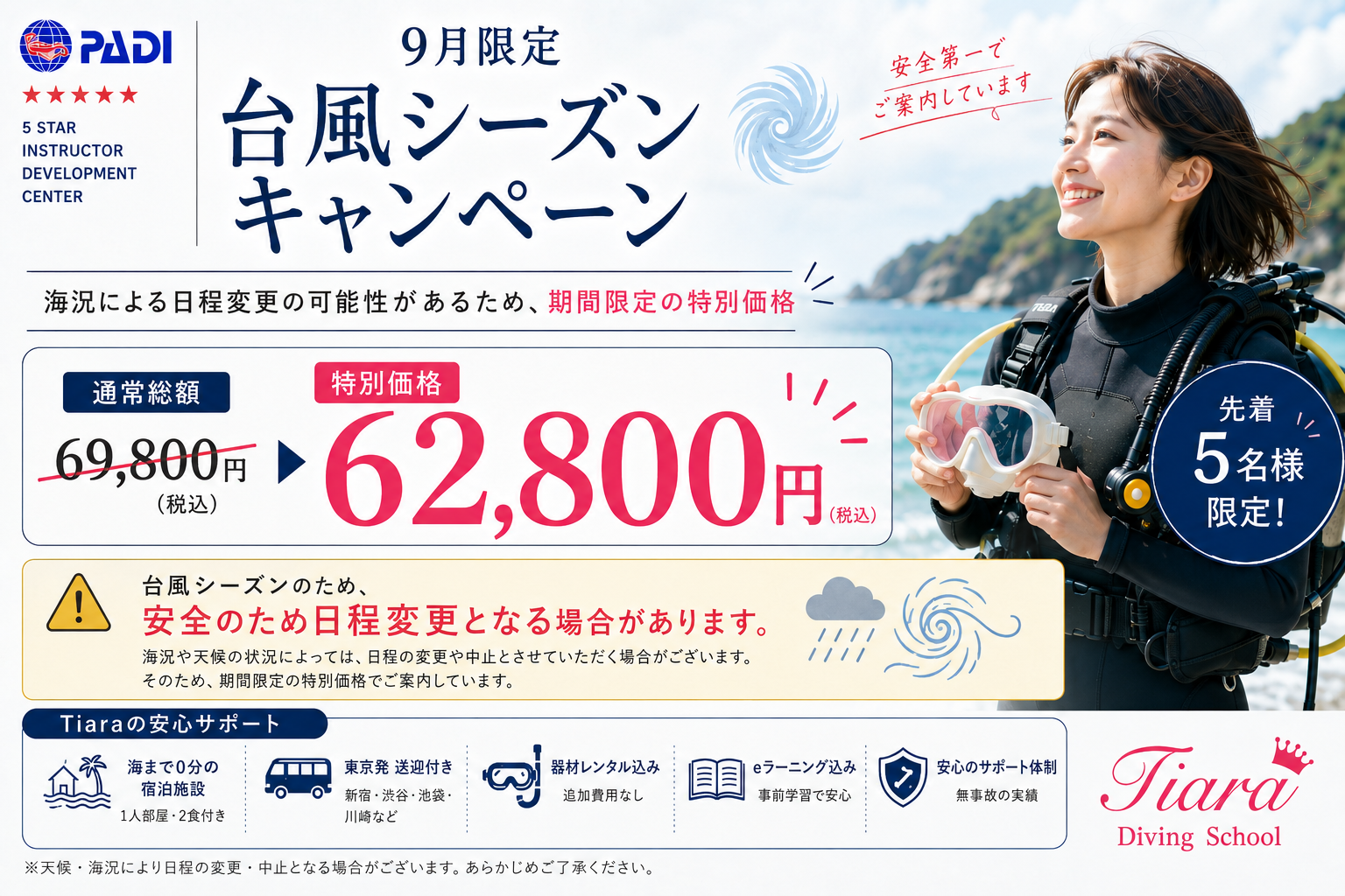 PADIオープンウォーターダイバーライセンス取得 9月限定台風シーズンキャンペーン。海況による日程変更の可能性があるため期間限定特別価格62,800円（税込）。