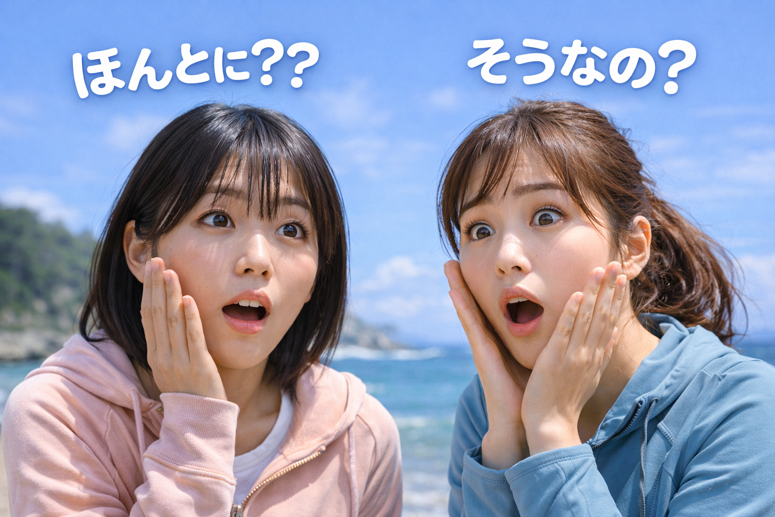 ドライスーツの考え方に驚き「ほんとに？」「そうなの？」と反応する女性ダイバー2人の様子