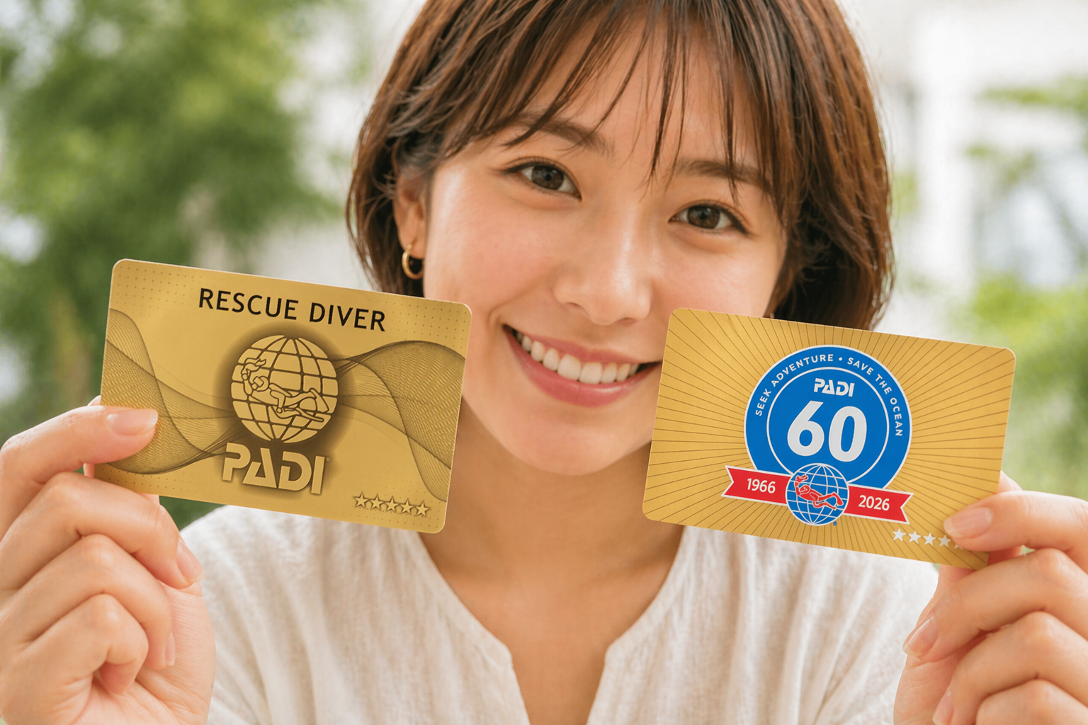 PADIレスキューダイバー（RD）のゴールドカードイメージ。短髪の女性がカードを手前に持ち、安心して学べるダイビング講習とスキル向上を表現した写真。