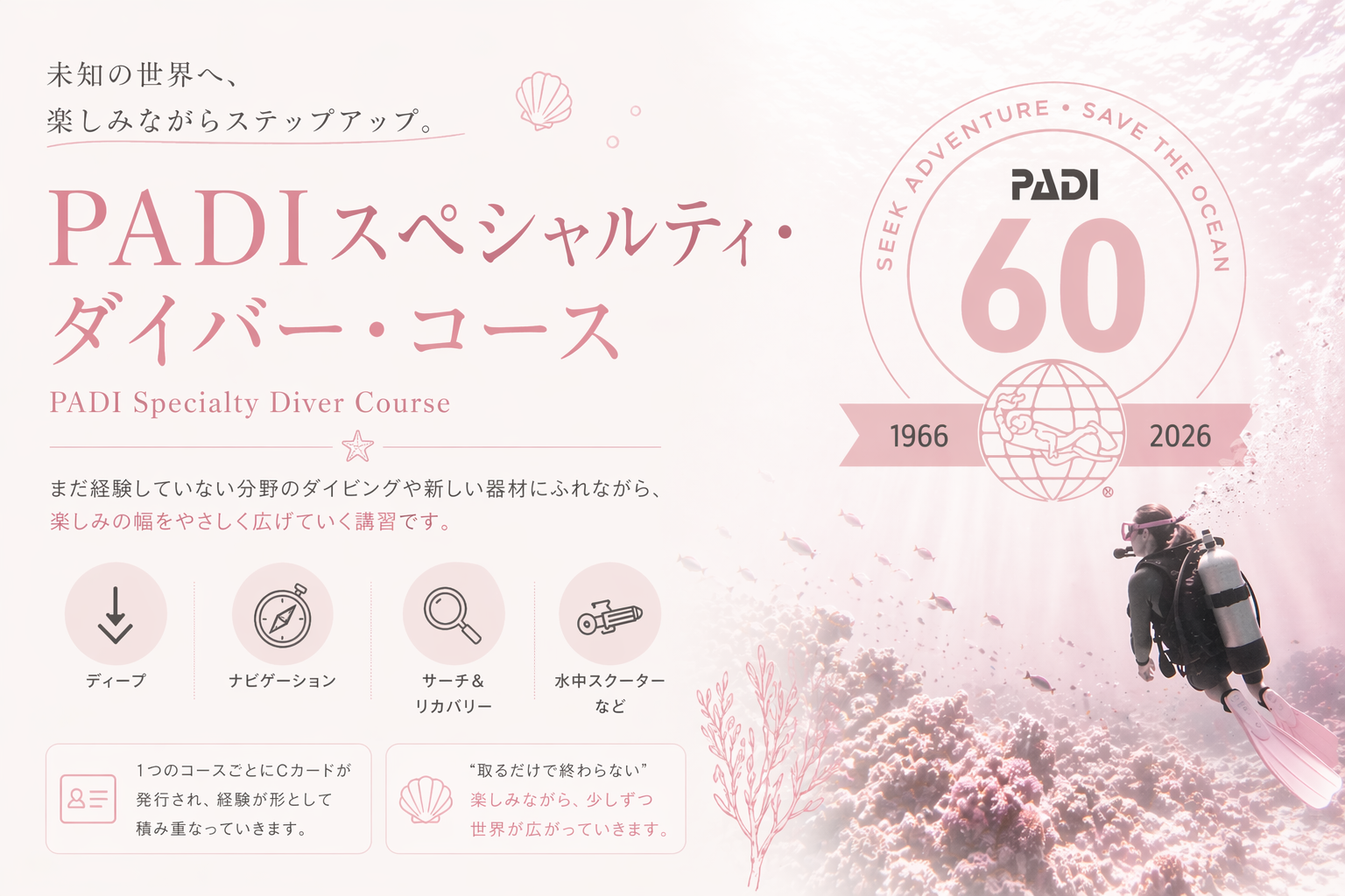 PADIスペシャルティダイバーコースの講習イメージ。ディープダイブやナビゲーションなど複数のSPコースと、海中を泳ぐダイバーをピンク基調で表現したやわらかいデザイン。