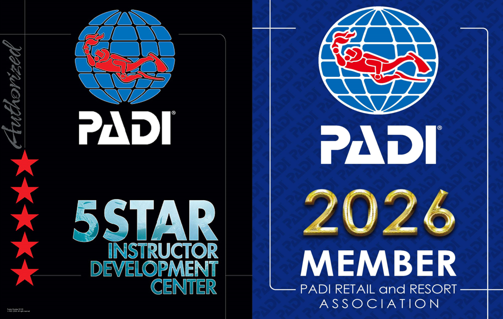 PADI 5スター・インストラクター・ディベロップメント・センター（IDC）認定と2026年PADIメンバーのロゴ（東京・世田谷のダイビングスクール）