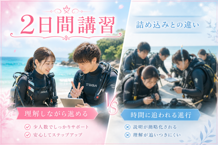 2日間ダイビング講習の進め方の違いを比較したイメージ。余裕を持って理解しながら進める講習と、詰め込み型講習の違いを表現。
